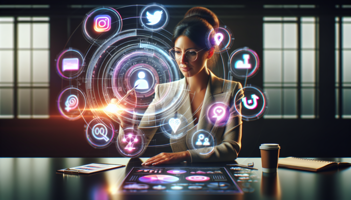 A marketer in a modern office, surrounded by holographic icons of Instagram, Twitter, and TikTok, analyzes data charts for campaign selection.
