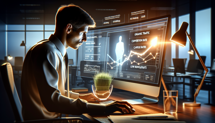 Analyst in a modern Dartmouth office reviews SEO metrics on a screen: graphs of rising organic traffic, conversion rates, low bounce rates, and Google Analytics icons.