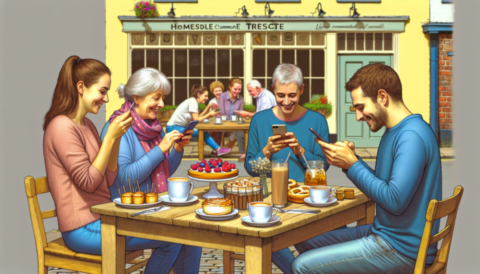 Social Media Management in Ottery St Mary for Small Business: Busy café in Ottery St Mary: homemade treats on chalkboard, patrons snapping Instagram photos, smiling locals in cozy setting.