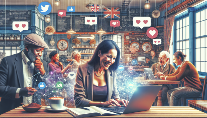 Small UK business owner in Bridgwater manages social media on a laptop in a cozy cafe, engaging diverse customers online.
