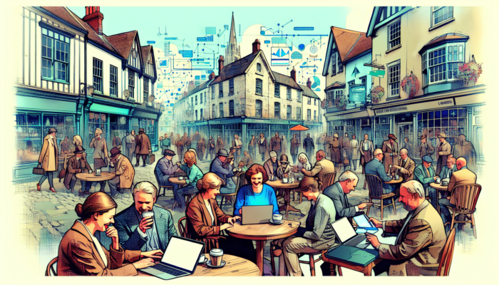 Web Development in Devizes for Small Business: Bustling café in historic Devizes with laptops showing a modern website, 30% growth graph, happy customers, and quaint architecture.