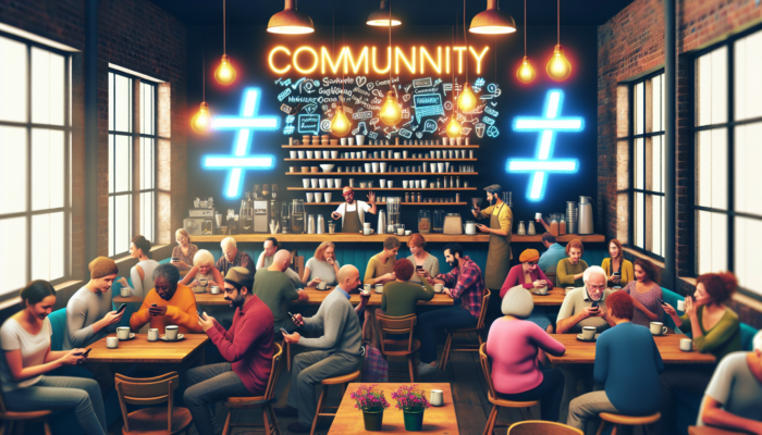 Instagram Marketing in Midsomer Norton for Small Business: Vibrant café in Midsomer Norton: locals sipping coffee, scrolling phones with hashtags like #MidsomerNortonEats, chalkboard signs, and warm lighting.