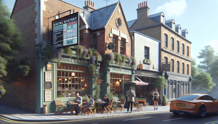 A quaint café in historic Berkeley, UK, with a digital signpost showing local business listings, as locals browse phones and gather outside.