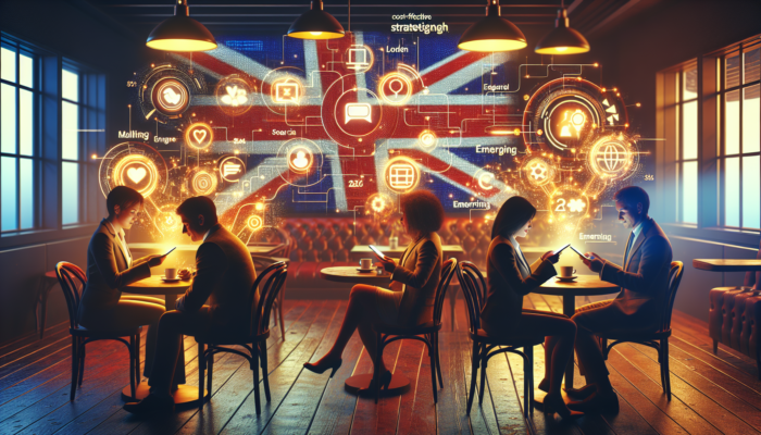 Digital Advertising in Midsomer Norton for Small Business: Small business owners in a London café engaging with social media icons, search ads, and digital platforms on glowing screens, surrounded by strategy charts and Union Jack flags.