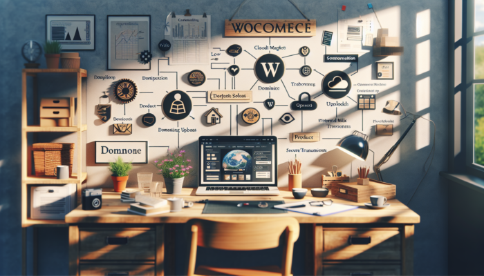 Small business owner in a cozy Ottery St Mary workshop customizes WooCommerce on a laptop, showing domain setup, plugin installation, and secure transactions.