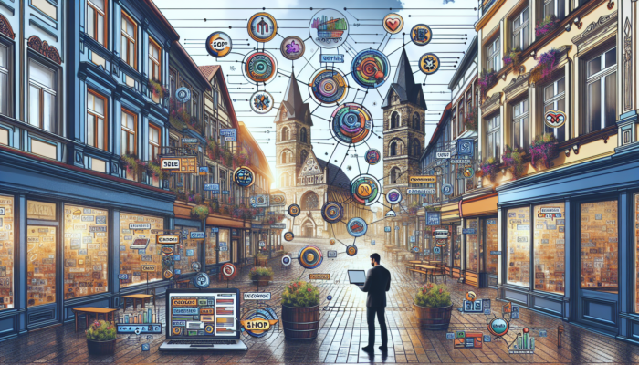 E-commerce SEO in Royal Wootton Bassett for Small Business: A shopkeeper in a quaint Royal Wootton Bassett store optimizes a laptop, surrounded by floating keywords, product images, and SEO icons amidst historic architecture.