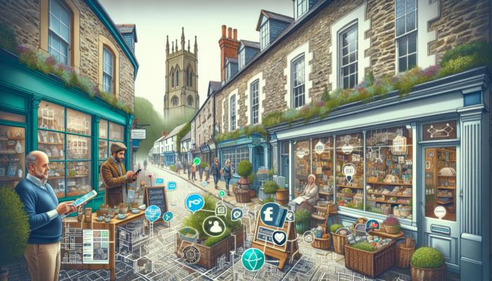 Social Media Strategy in Wimborne Minster for Small Business: Bustling UK high street in Wimborne Minster: shop owner posting events on Facebook with smartphone, residents browsing Instagram for local businesses amid historic stone buildings.