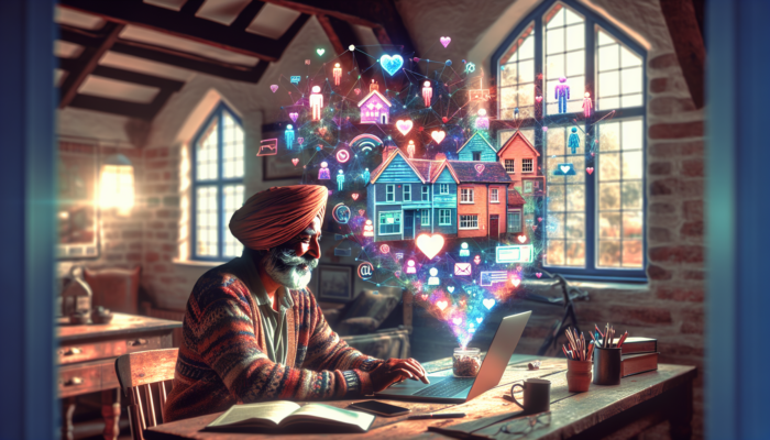 A small business owner in Wimborne Minster analyzes social media feedback on a laptop, viewing polls, surveys, and comments from locals.