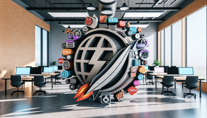 Modern agency office in Stonehouse: developers at desks with WordPress dashboards showing WP Rocket, Yoast SEO, WooCommerce, and performance charts.