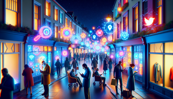 Small Business SEO in Dursley: Bustling Dursley high street with colorful small shops glowing under floating SEO keywords and search icons; locals browsing smartphones and drawing crowds.