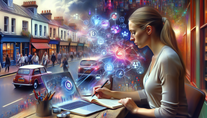 Social Media Management in Melksham for Small Businesses: A small business owner in Melksham manages Facebook ads on a laptop, with icons of local customers connecting to symbolize UK growth.