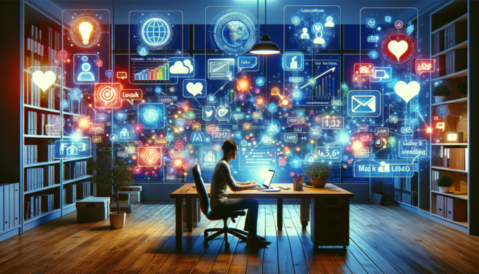 Focused entrepreneur at a Melksham desk scheduling posts on Hootsuite, with Buffer icons, calendars, rising graphs, and vibrant feeds in blue light.