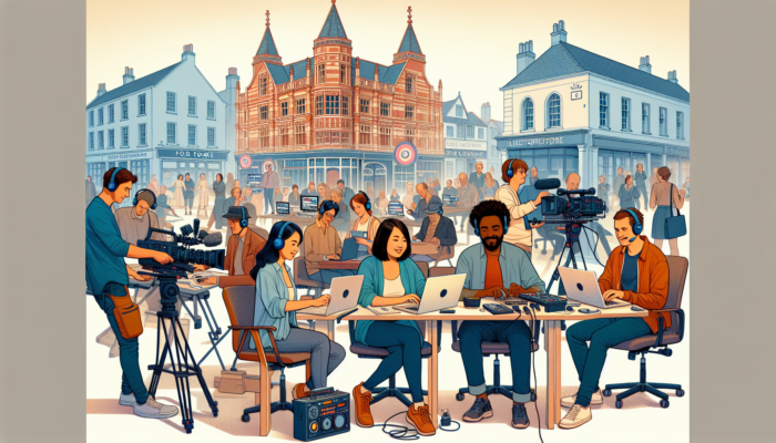 Video Content Production in Frome for Small Business: A bustling video production studio in historic Frome, England, with diverse filmmakers collaborating on local culture-inspired content.
