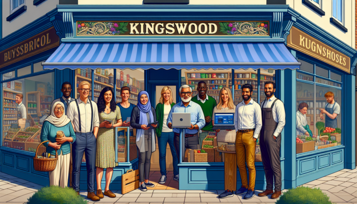 Small Business SEO in Kingswood: Bustling Kingswood street scene with a local shop, glowing SEO keywords on a digital display, and a laptop showing optimized website amid smiling customers.
