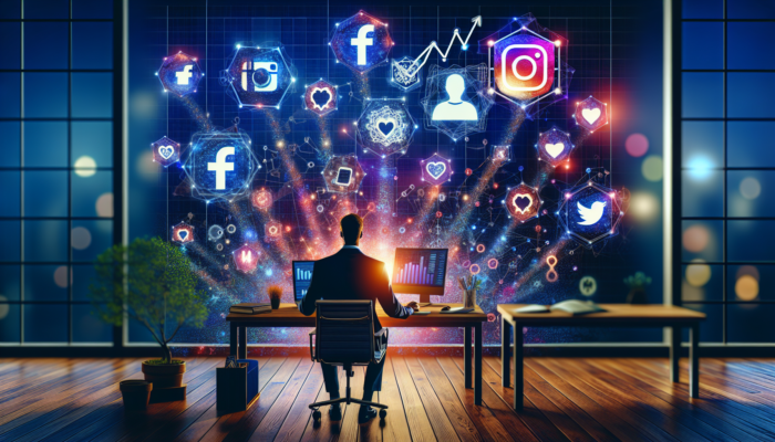 A small business owner in Kingswood shares content on glowing social media screens, with engaged followers and upward-trending SEO graphs.