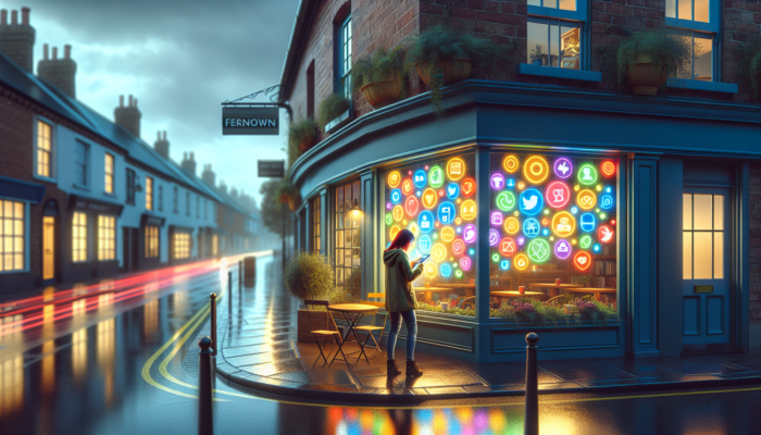 Social Media Management in Ferndown for Small Business: A small business owner at a Ferndown café window, surrounded by glowing Facebook, Instagram, Twitter, and LinkedIn icons under a rainy sky.