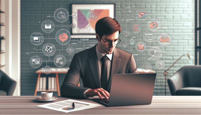 Entrepreneur in cozy Ferndown office sets up social media profiles on laptop, surrounded by colorful logos, UK documents, and platform icons.