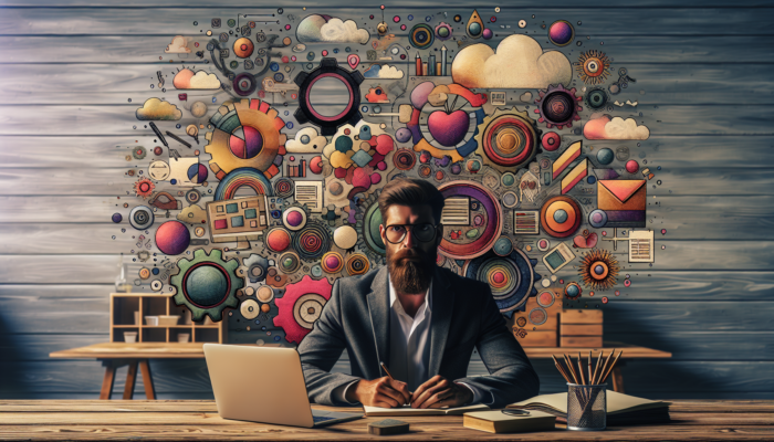 Expert Content Creation in Newent for Small Businesses: In a cozy Newent workshop, an entrepreneur at a desk with laptop, SEO graphs, sticky notes, storyboards, and vibrant photos.