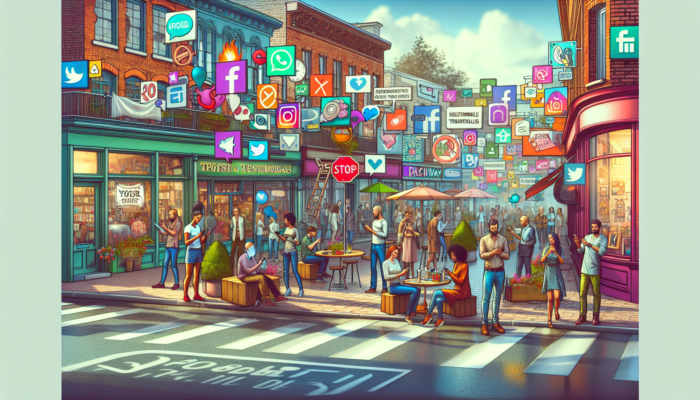 Social Media Strategy for Small Businesses in Patchway: A bustling Patchway street with small businesses displaying signs for Facebook, Instagram, and Twitter; owners engaging locals at a community event with devices.