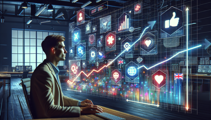 A focused analyst in a modern Dursley office views glowing screens with graphs of social media metrics like engagement, reach, ROI, and icons of likes, shares, UK flags.