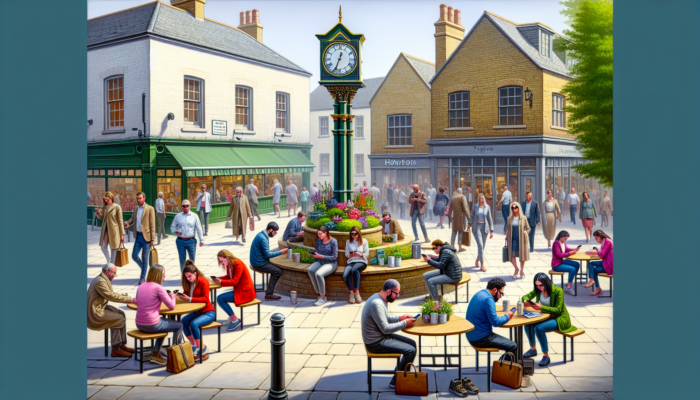 Dursley lunch scene: people scrolling social media near cafes, under a clock showing peak times with floating analytics graphs and icons.