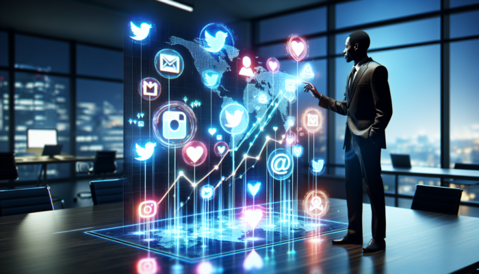 Strategist in a modern office surrounded by glowing social media icons, plotting on a digital map with rising graphs, symbolizing growth.