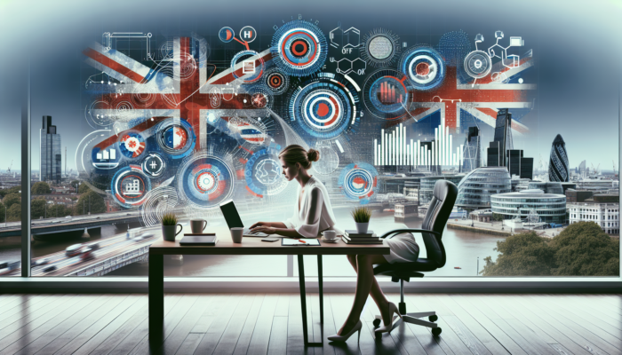 A small business owner in a modern London office optimizes SEO on a laptop, surrounded by Union Jack flags and city posters.
