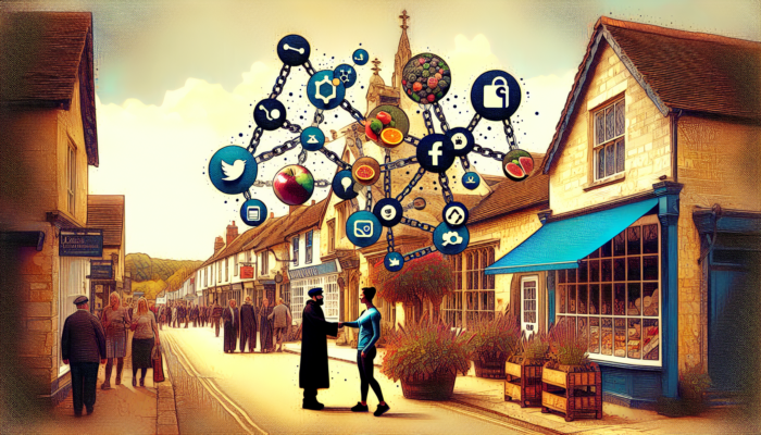 Two business owners shake hands at a community event in Wotton-under-Edge, surrounded by glowing backlink chains and social media icons symbolizing off-page SEO.