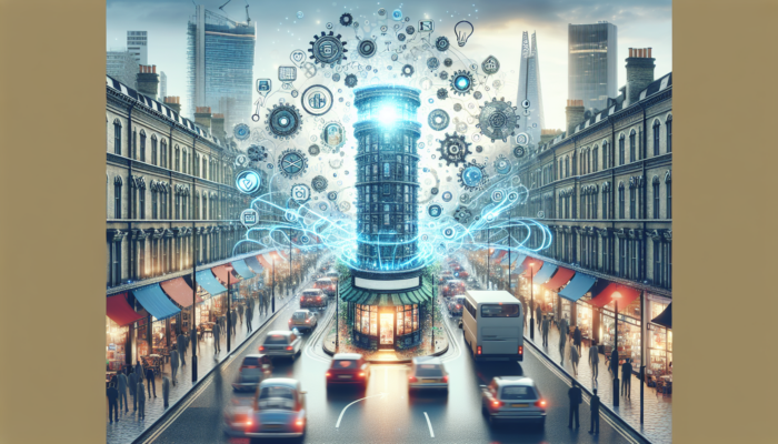 SEO For Small Business in Kingsbridge: Bustling Kingsbridge street scene with a luminous shop website tower amid swirling data streams and gears, symbolizing SEO and enhanced visibility.