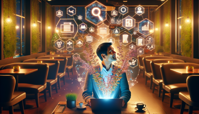 Excited small business owner in cozy cafe analyzes SEO metrics on laptop, with holographic graphs and floating search icons symbolizing growth.