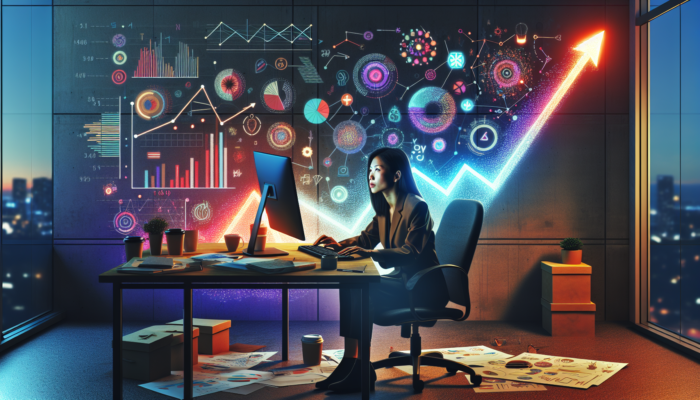 Entrepreneur in modern office analyzes Google Analytics graphs showing rising traffic, declining bounce rates, with notes and coffee cups.