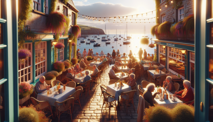 Instagram Marketing in Minehead for Small Businesses: Vibrant café in Minehead with ocean views, tables displaying seasonal menus and event posters, cheerful customers chatting in golden sunlight.