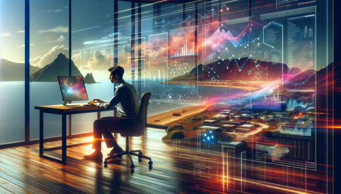 Analyst in Minehead office reviews colorful Instagram Insights graphs of likes, shares, comments, and local event posts on a large screen.