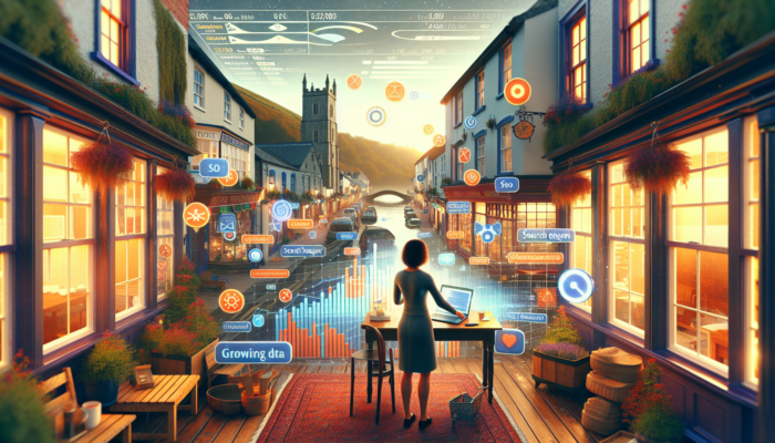 A small business owner in Totnes analyzes SEO data on a laptop, surrounded by icons, graphs, market stalls, and the River Dart.