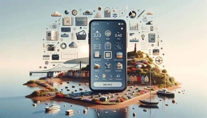 Online Store Design in Clevedon for Small Business: A smartphone screen shows a Clevedon online store with intuitive navigation, quick buy buttons, vibrant product images, and a Bristol coastal backdrop.