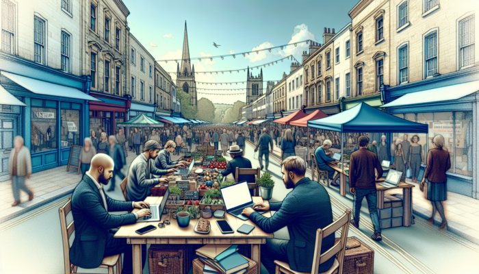 Social Media Management in Frome for Small Business: business owners using laptops and phones for social media amid community event stalls, banners, and UK architecture under sunny skies.