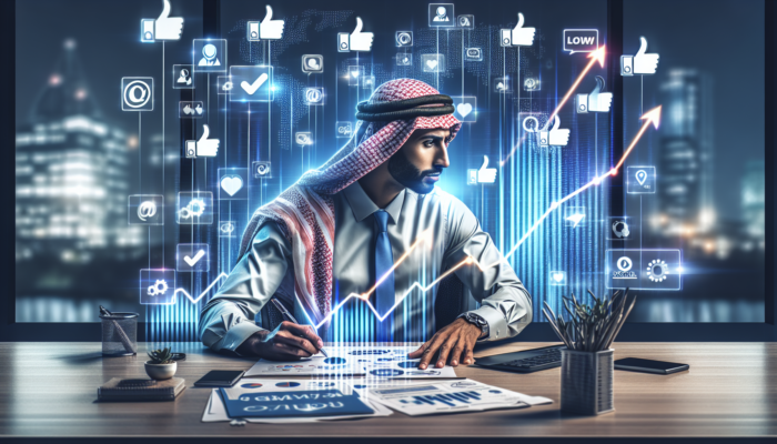 A determined small business owner in a modern office, strategizing with glowing social media screens showing growth charts and rising follower icons.