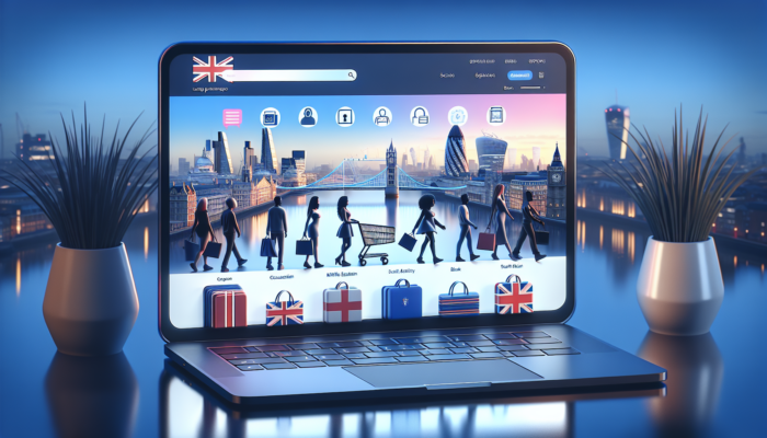 Illustration of a modern UK ecommerce website on a laptop, featuring the Union Jack, secure payment locks, user-friendly interfaces, and British shoppers against a London skyline at dusk.