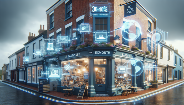 E-commerce Development in Exmouth for Small Businesses: Exmouth high street with a small shop blending traditional brick-and-mortar and digital screens for global e-commerce, indicating 30-40% SME growth.