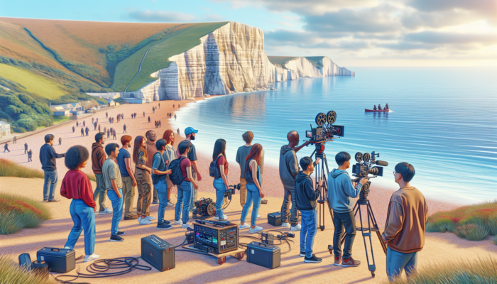 A diverse film crew in Swanage, UK, films scenic cliffs and beaches for a small business video, highlighting local talent and community connection.
