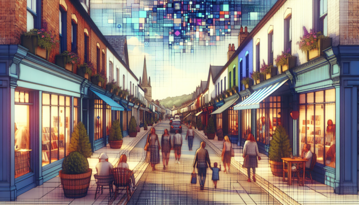 Bustling high street in Royal Wootton Bassett with quaint shops displaying vibrant digital ads and owners engaging customers via smartphones.