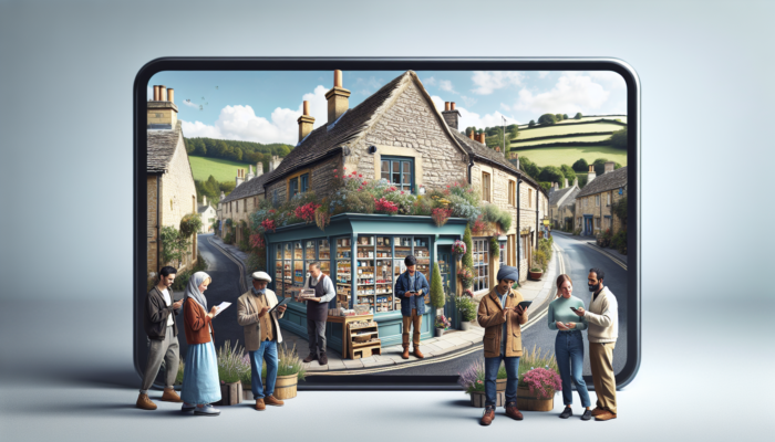 A cheerful shop owner in Stow-on-the-Wold updates Google My Business on a tablet, while locals view reviews on phones, with Cotswold hills in the background.