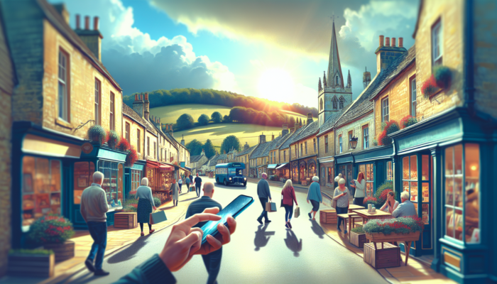 People in Stow-on-the-Wold using mobile devices to search optimized websites, drawing crowds to quaint shops under a sunny sky with green hills.