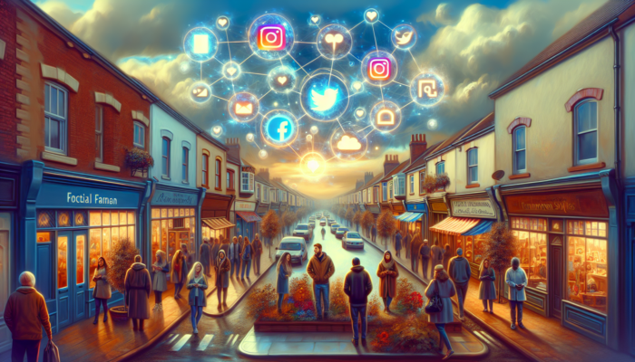 Social Media Strategy in Ferndown: Vibrant street scene in Ferndown, UK, with colorful shops and locals, glowing icons of Facebook, Instagram, Twitter, and LinkedIn overhead under cloudy sky.