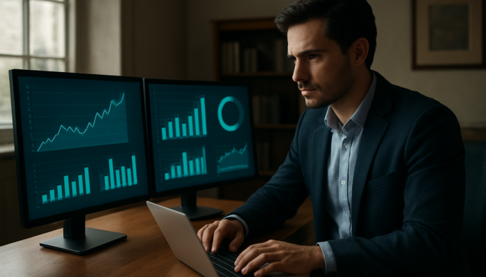 Entrepreneur analyzing digital dashboards with website traffic, social media metrics, and conversion rates in Cirencester office.
