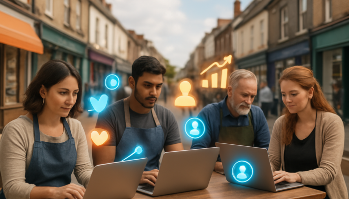 Warminster high street shop owners crafting digital ads on laptops with social media icons and rising sales graphs.