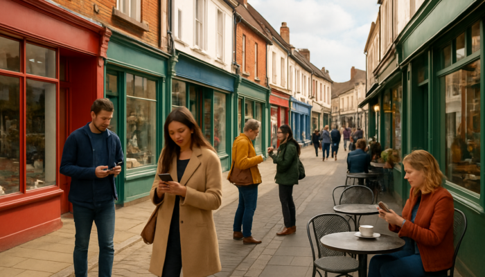 Website Design in Warminster: Bustling Warminster high street with vibrant shops, cozy café, and locals browsing windows while checking phones.