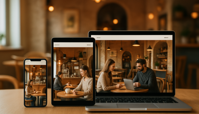 Website Design in Keynsham: A responsive Keynsham café website displayed on phone, tablet, and laptop with clear menus and satisfied customers.