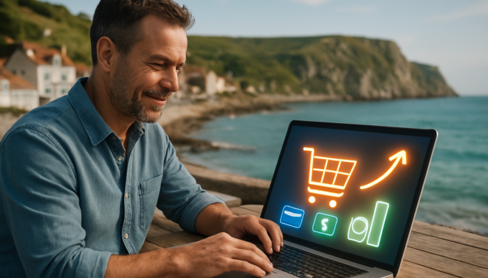 Swanage shop owner managing Shopify on laptop with glowing payment icons by seaside cliffs.